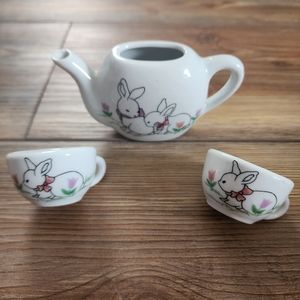 Tea Set Miniatures Bunny Rabbits Ceramic Cups and Pot